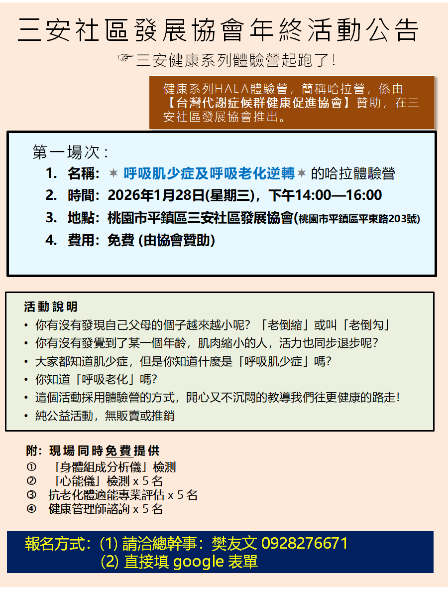 呼吸肌少症哈拉HALA營-桃園平鎮三安社區：老化不應是活力的終點。臺灣代謝症候群健康促進協會前進三安社區，透過 HALA 體驗營揭開「呼吸肌少症」對代謝的衝擊。結合 InBody 檢測與生物哲學導引，助您逆轉呼吸老化，讓粒線體重燃能量，找回身體失落的支撐力。
