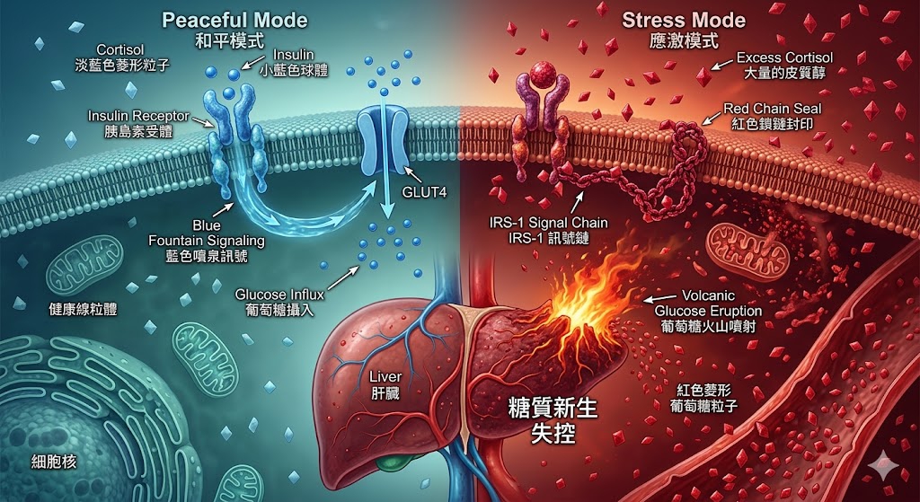 應激的代價：皮質醇對胰島素受體訊號的分子拮抗：壓力荷爾蒙皮質醇透過干預 IRS-1 訊號通路，強制阻斷胰島素作用，將身體鎖定在「能量配給」的戰爭模式。本會主張結合 IRCT 檢測與 HALA 哲學，解除壓力對代謝的封鎖，重塑粒線體秩序，從神經內分泌源頭逆轉代謝症候群。