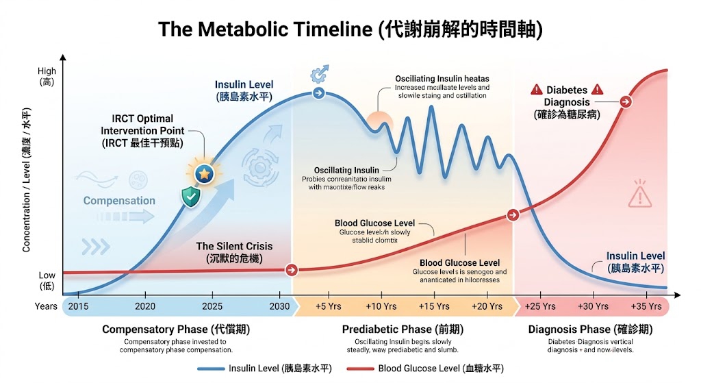 代謝的崩解：從胰島素阻抗到 2 型糖尿病的病理演化史：糖尿病是長達十餘年「代償失敗」的終點。從高胰島素血症封鎖燃脂，到 $\beta$ 細胞疲勞崩潰，血糖升高僅是代謝秩序瓦解的表象。本會主張透過 IRCT 早期攔截，利用治療性生酮恢復代謝靈活性，在細胞枯竭前逆轉病理進程。