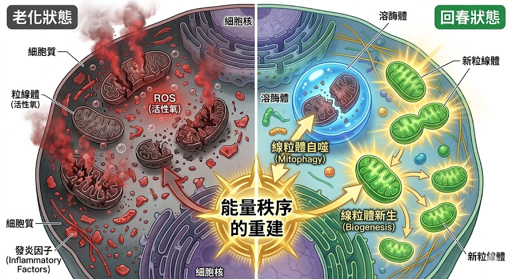 能量的文藝復興：粒線體回春對生物系統的全面賦能：粒線體回春是細胞能量秩序的文藝復興。透過汰換老舊細胞器與修復電子傳遞鏈，從源頭降低發炎、重建代謝靈活性。本會主張結合治療性生酮與 IRCT 監測，啟動粒線體新生，全面賦能神經、免疫與肌肉系統，逆轉生物衰老曲線。