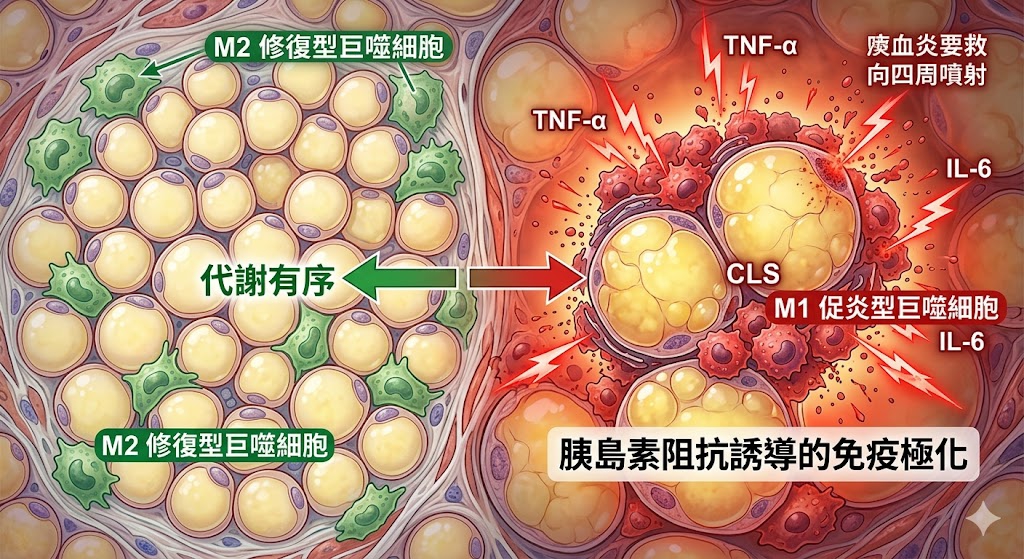 分子層級的連鎖反應：胰島素阻抗與慢性低度發炎的惡性循環：胰島素阻抗是引發全身性慢性發炎的導火線。當肥大脂肪細胞召喚 M1 巨噬細胞，發炎因子將封鎖 IRS-1 訊號鏈，形成惡性循環。本會主張透過 IRCT 監測與治療性生酮，調降胰島素壓力，熄滅分子之火，從底層重塑代謝秩序。