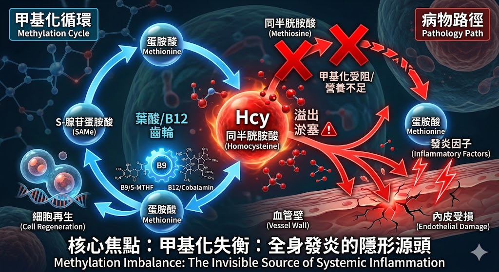 血管裡的生化毒素：同半胱胺酸與全身性發炎的分子機制：同半胱胺酸是隱藏在血管裡的發炎毒素。它透過氧化應激損傷內皮，並干擾甲基化循環，導致細胞修復失靈。本會主張將 Hcy 控制在精準區間，結合 IRCT 監測與甲基化營養干預，熄滅隱形發炎之火，重建系統性的生物秩序。