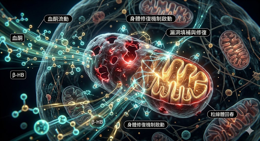 從細胞層級逆轉代謝危機：啟動「補漏洞」機制與粒線體回春： 面對代謝異常，健康不應只看表面檢驗數據，而需從細胞根基著手！本文深入探討如何透過血酮啟動身體的「補漏洞」機制，修復並增生衰竭的粒線體。讓心臟、腎臟與內分泌系統由內而外恢復活力，實現真正的細胞級回春。